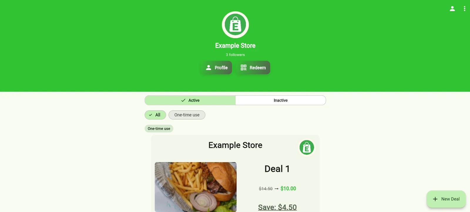 Savvy store dashboard showing active deals and a New Deal button