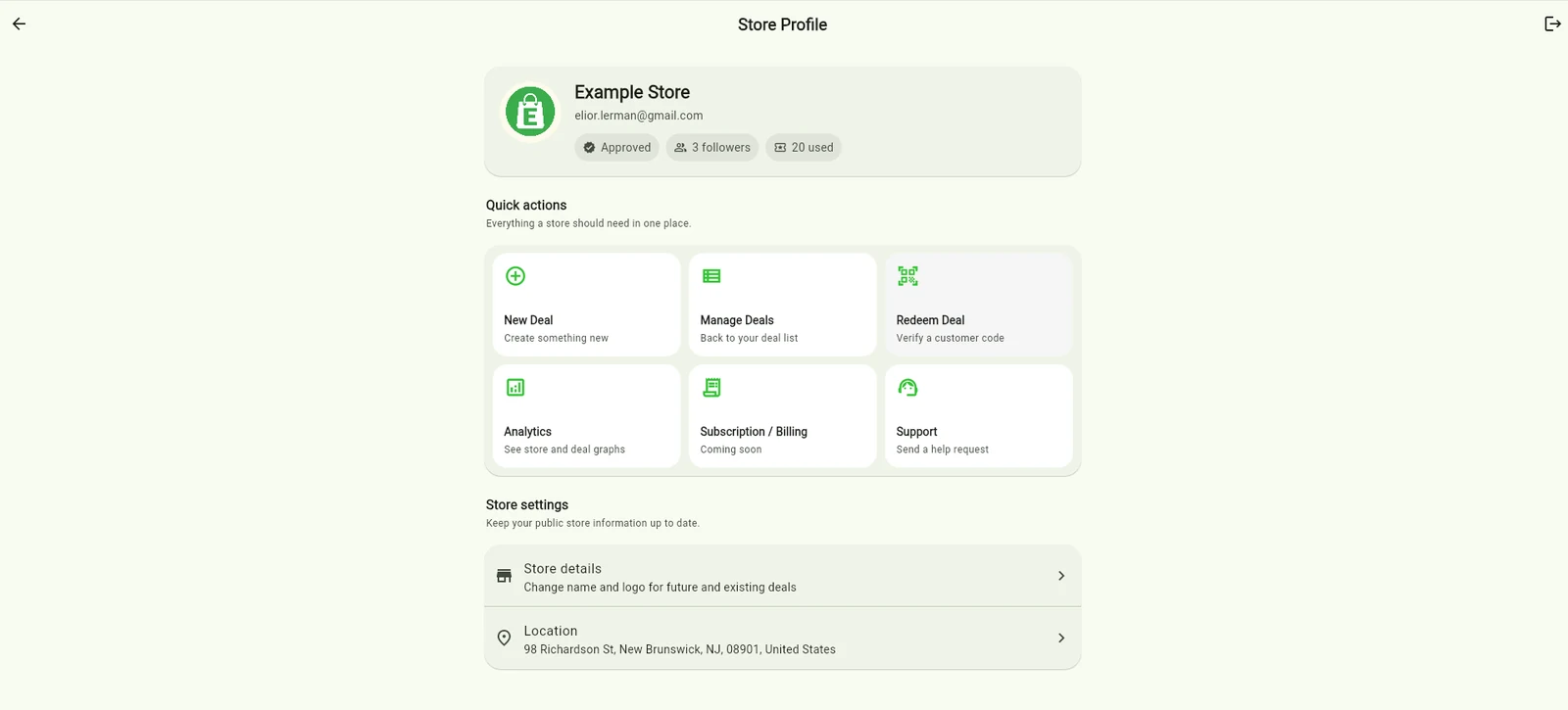 Savvy store profile screen with quick actions and store settings