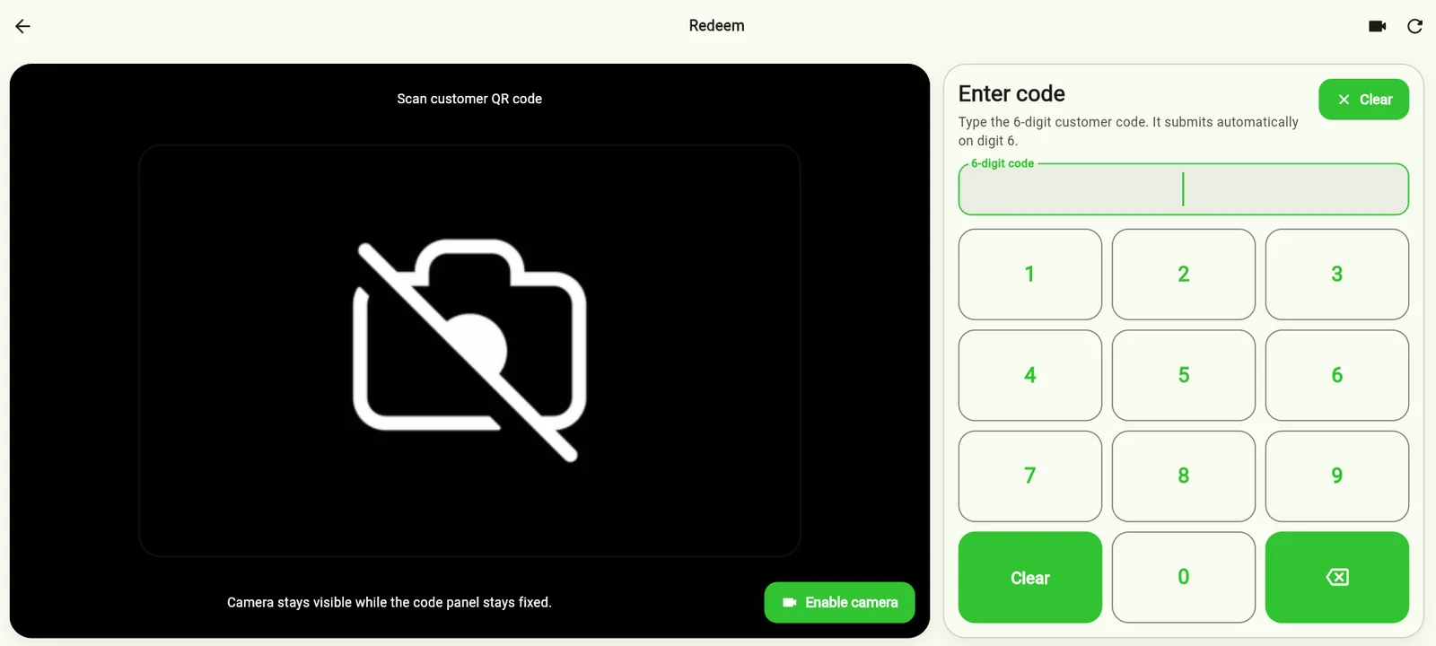 Savvy redeem screen with camera area and 6-digit customer code keypad